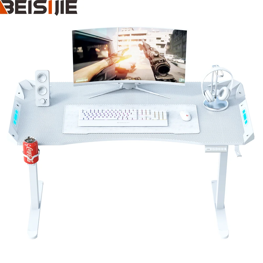 Beisijie Computer Lifting Desk Gaming Height Adjustable Design RGB White Gaming Table Gamer PC Desk