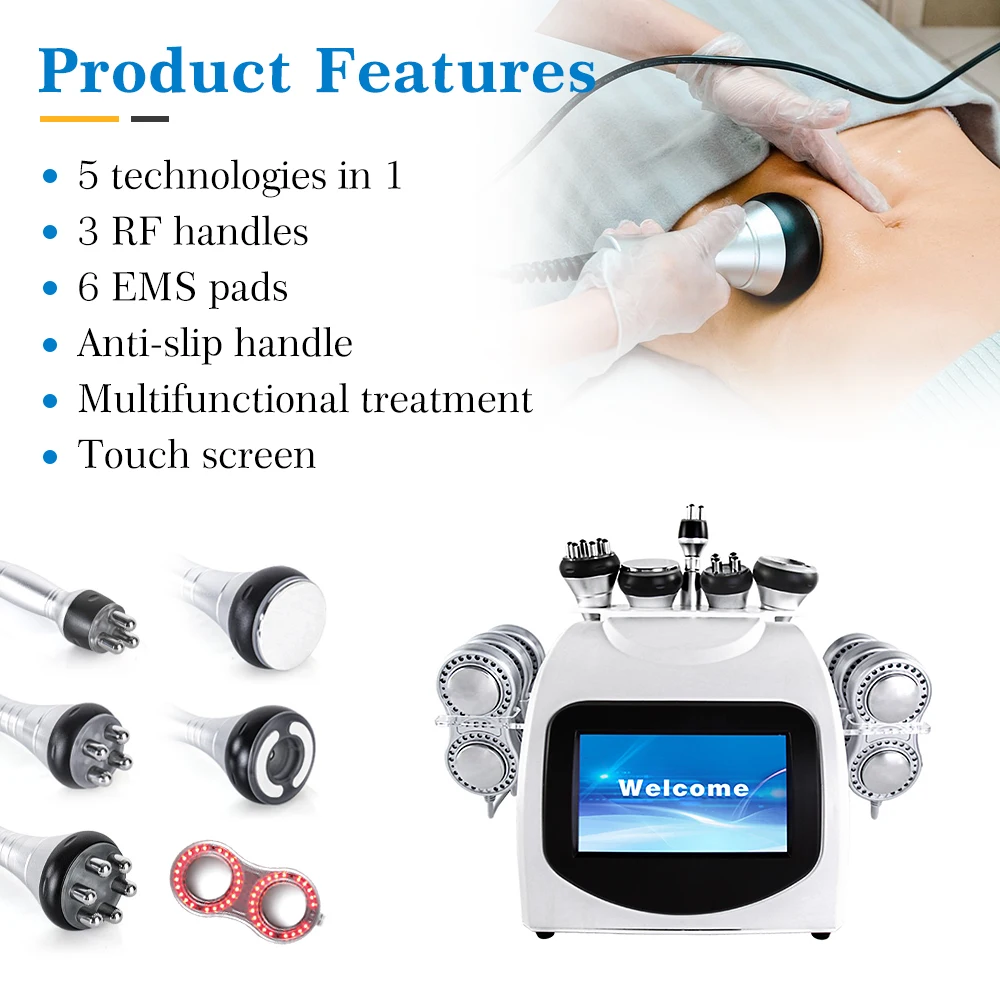 6 in 1 High Quality 80k / 40k Vacuum Cavitation System Body Shaping Rf Cavitation Slimming Machine 80k with 6 EMS Pads