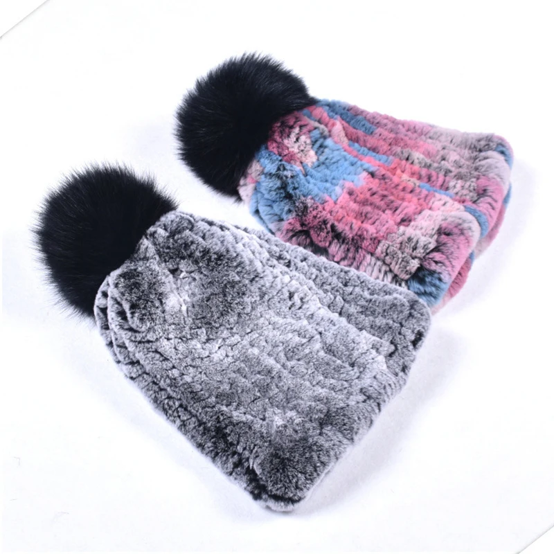 women autumn winter hat 2021 winter fur hat wholesale real rex rabbit fur hats with fox fur pompoms knitted and strong elastic