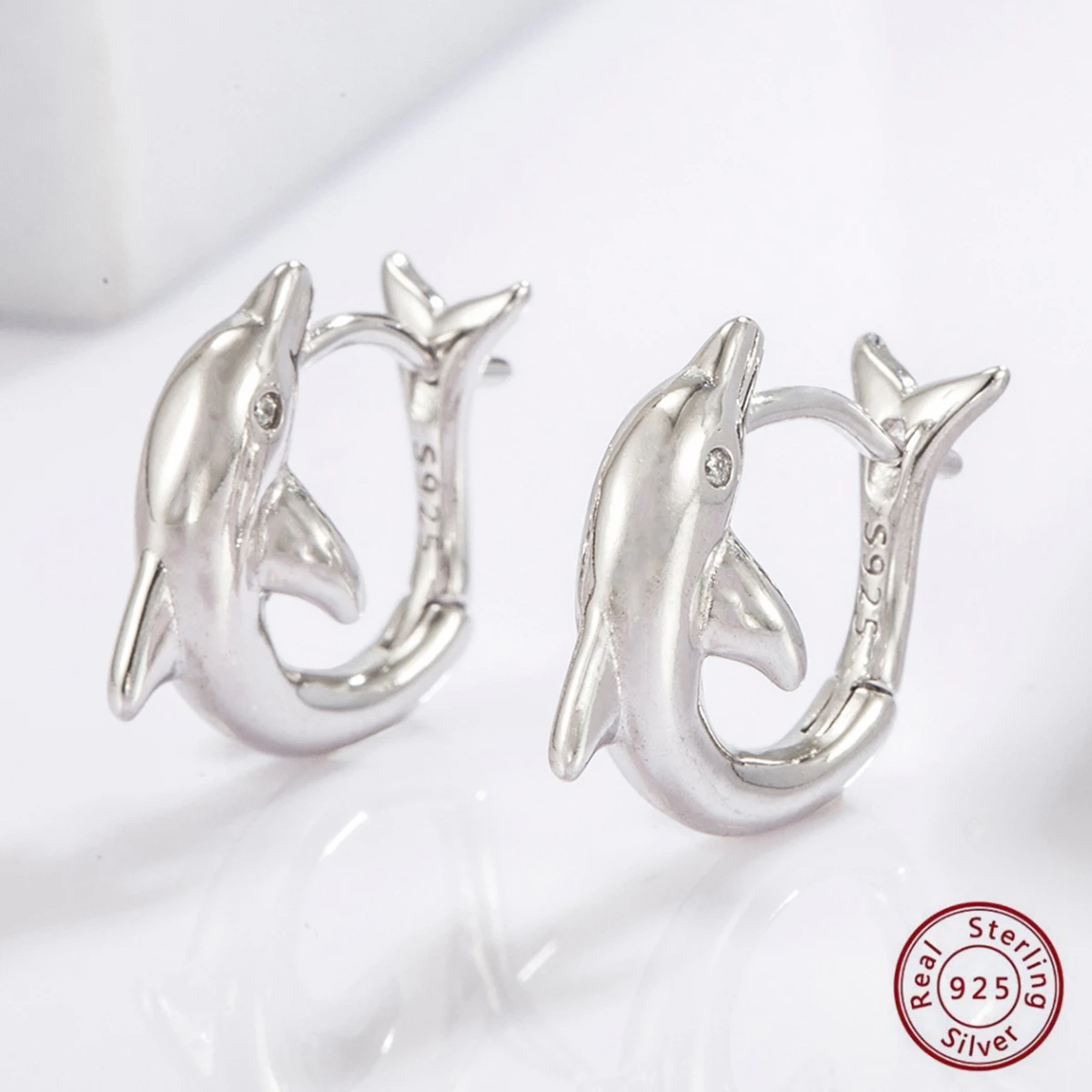 High Polish 925 Sterling Silver Dolphin Huggies Hoop Earrings Fine Jewelry Women Animal Earrings For Women Cute Girls