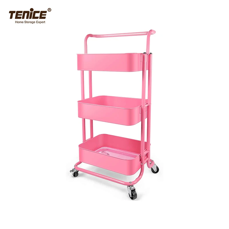 3 Tier Metal Utility Rolling Cart with Lockable Wheels, Multifunction Movable Storage Shelves Organizer with Handle and Mesh