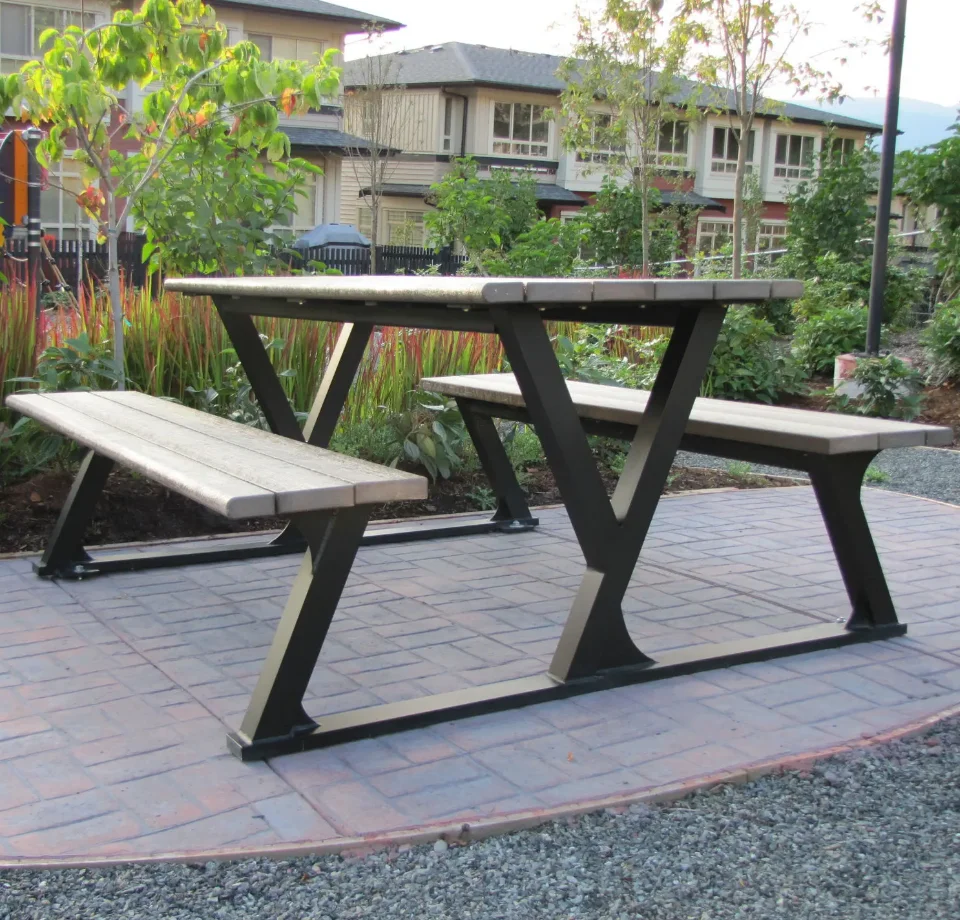 Outside Commercial Patio Hotel Restaurant Wooden Table Bench Modern Dining Outdoor Garden Street Picnic Table