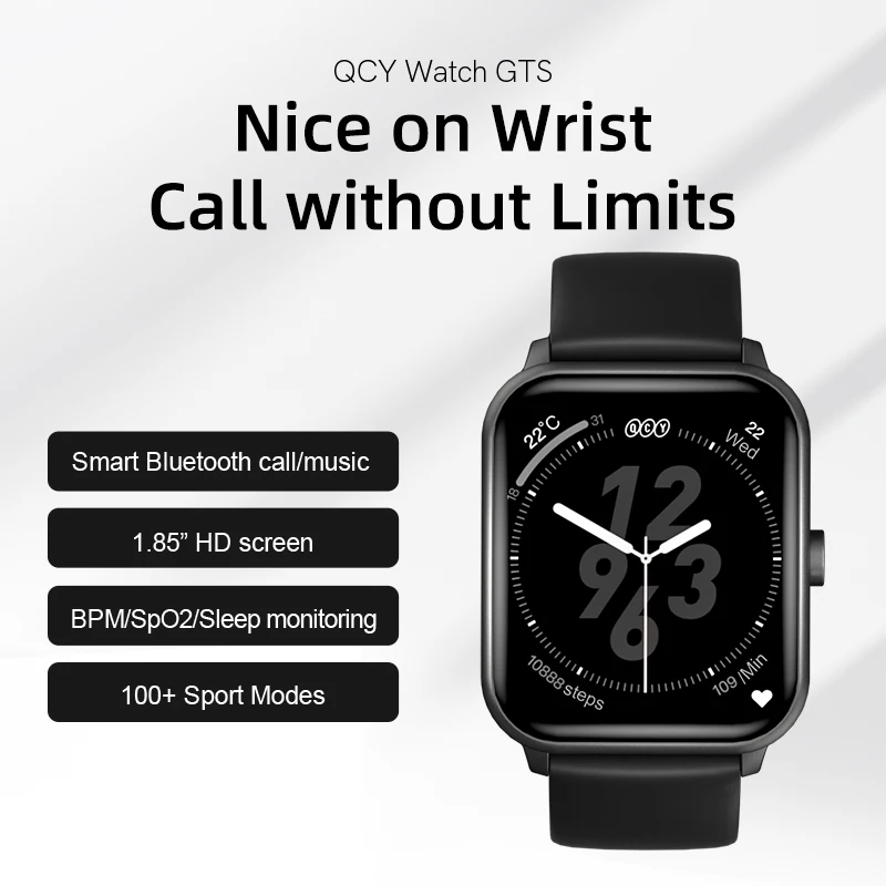 QCY GTS 100+ Sport Modes IPX8 Waterproof 1.85 HD TFT Sleep Heart Rate Monitor Men Women Lightweight music Bluetooth Smart Watch