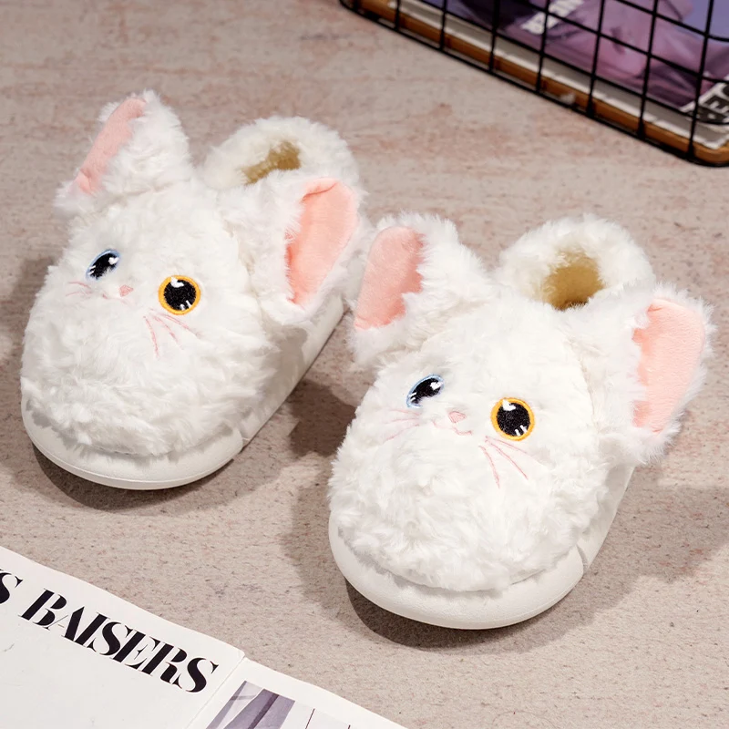 Cute white cat plush slippers black cat plush shoes winter warmer room shoes