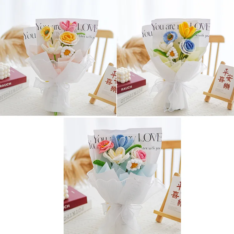 Wholesale Artificial Knitting Sunflower Rose Daisy Crochet Flowers Bouquet Kit, Knitted Crochet Flowers Bouquet Gift