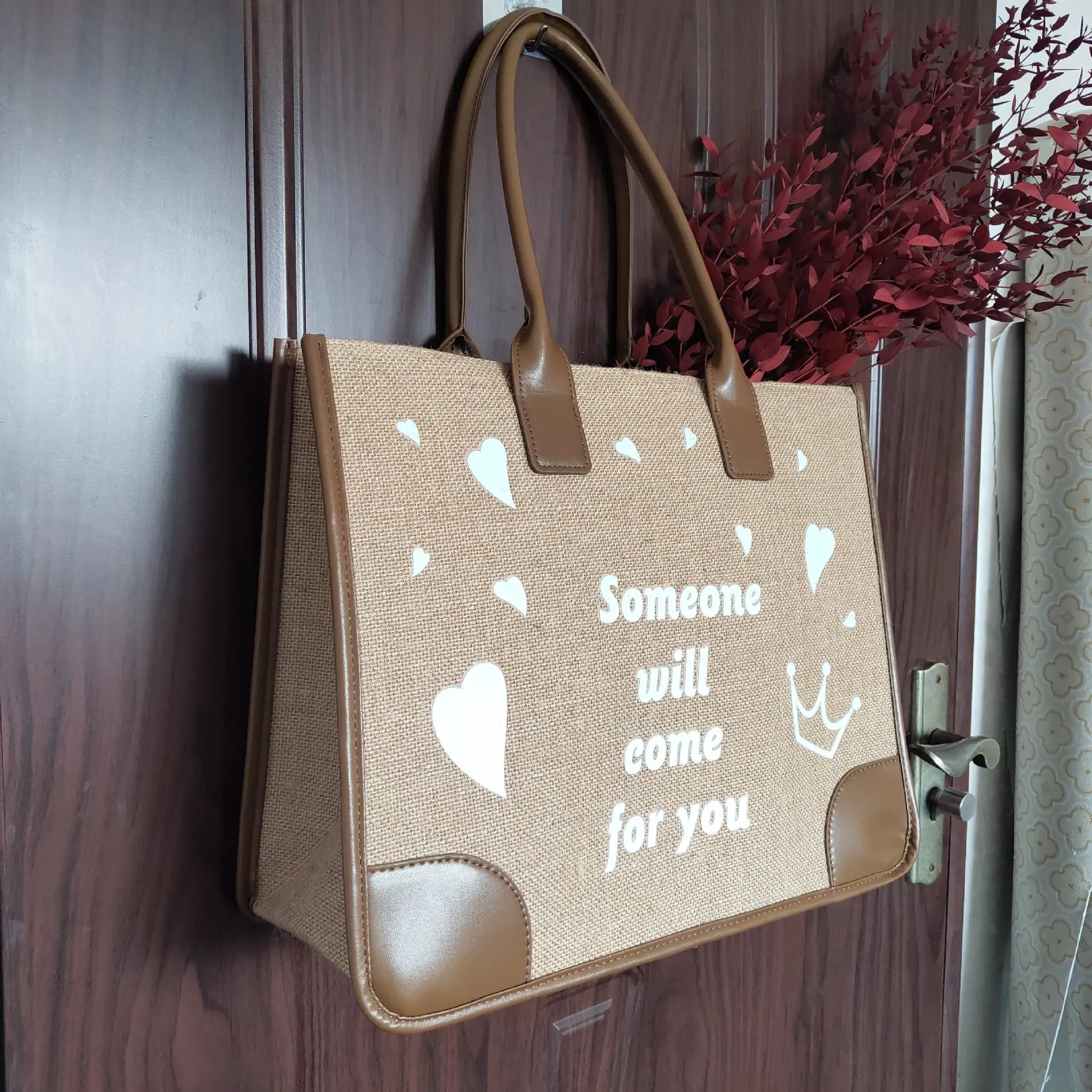 JAKIJAYI Blank/Logo Printed Leather Handle Friendly Recycle Custom Hemp Shopping Tote Jute Bag Wholesale