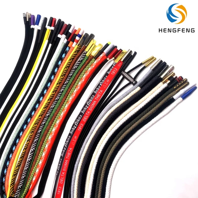 Custom polyester nylon cotton flat round drawstring with LOGO with plastic metal end