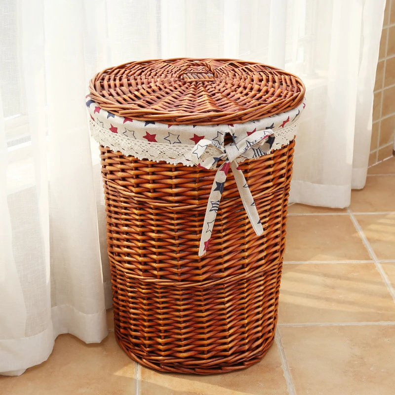 Robben Wholesales Rattan round storage basket laundry basket with flip cover livingroom storage baskets