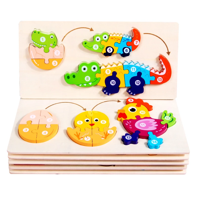 Cartoon animal 3D puzzle DIY building block shape combination board preschool education educational game wooden puzzles for kids