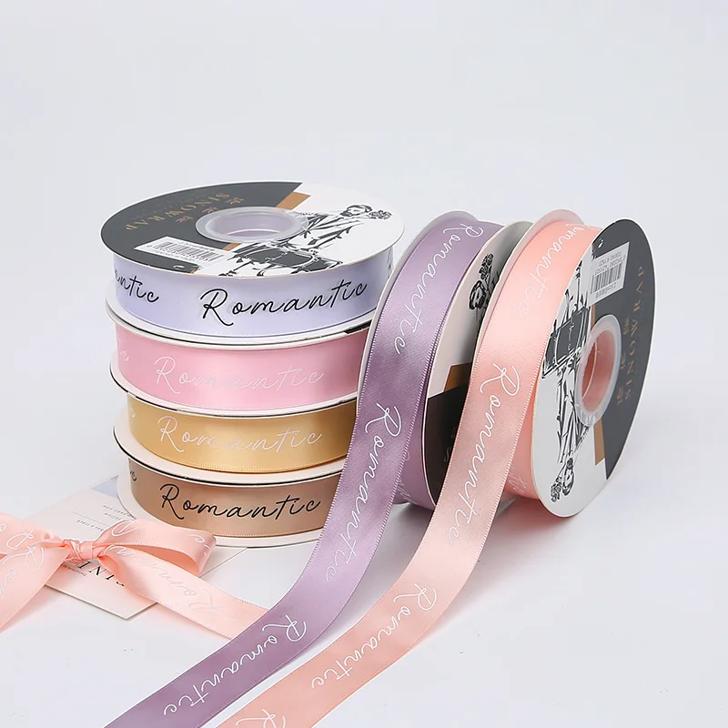 Custom Logo Colorful Ribbon Roll Grosgrain Print Polyester Gift Silk Satin Ribbon