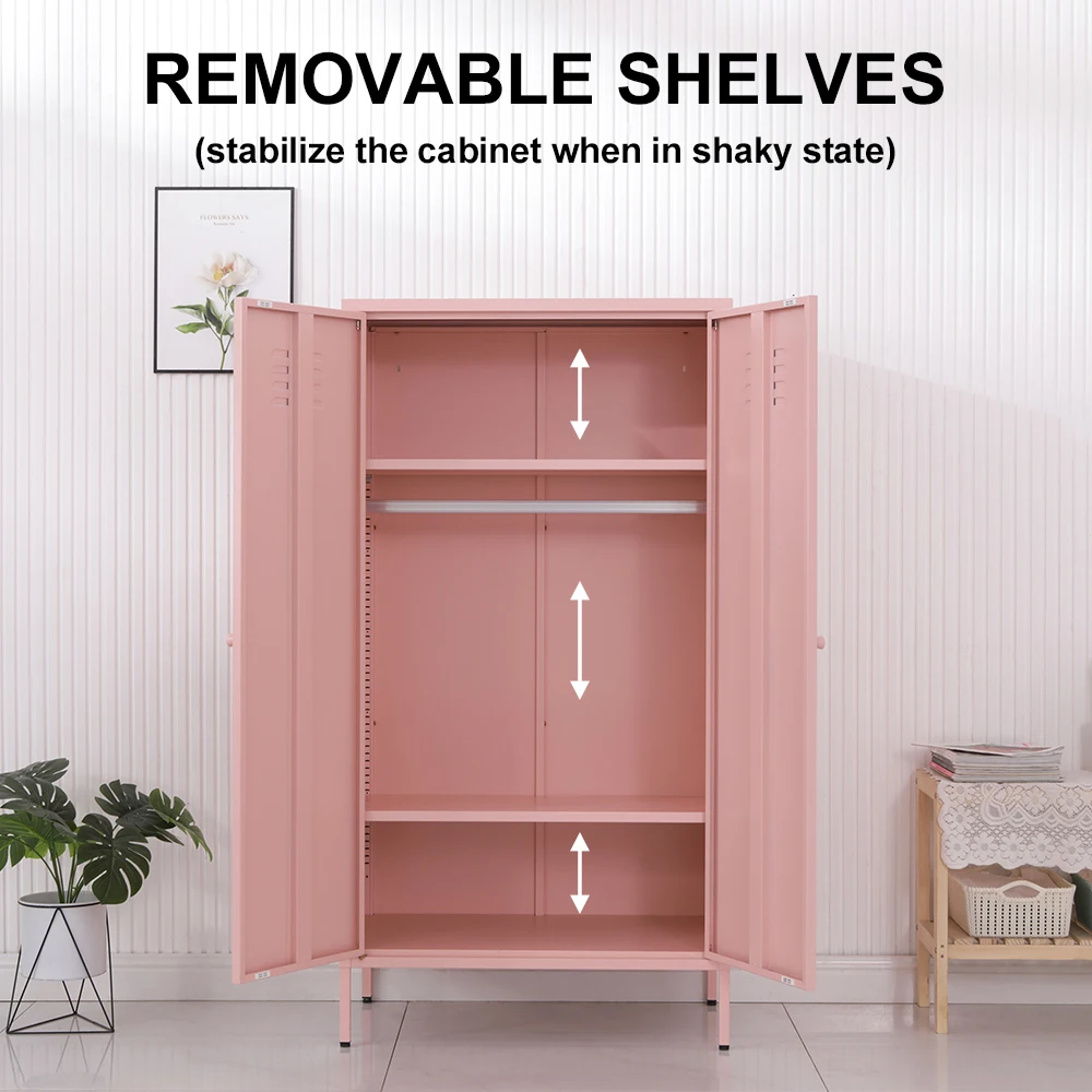 Fashion pink metal swing 2 door cupboard home furniture steel storage cabinet wardrobe for living room