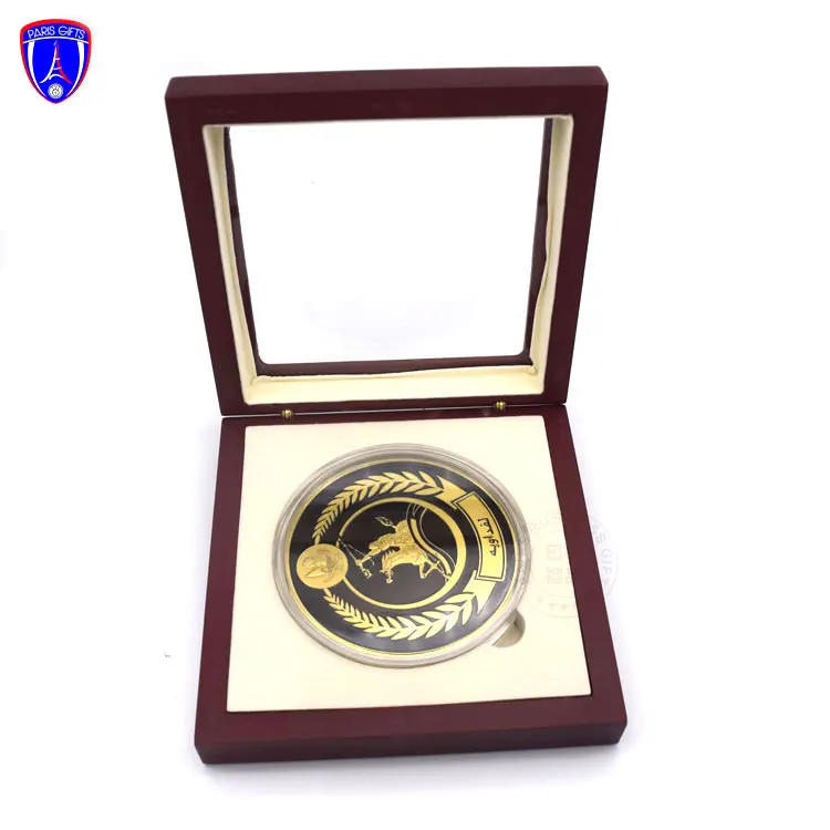 Wholesale high quality coins Saudi Arabia Qatar challenge coin gold plated hydraulic pressure coin with solid wood box