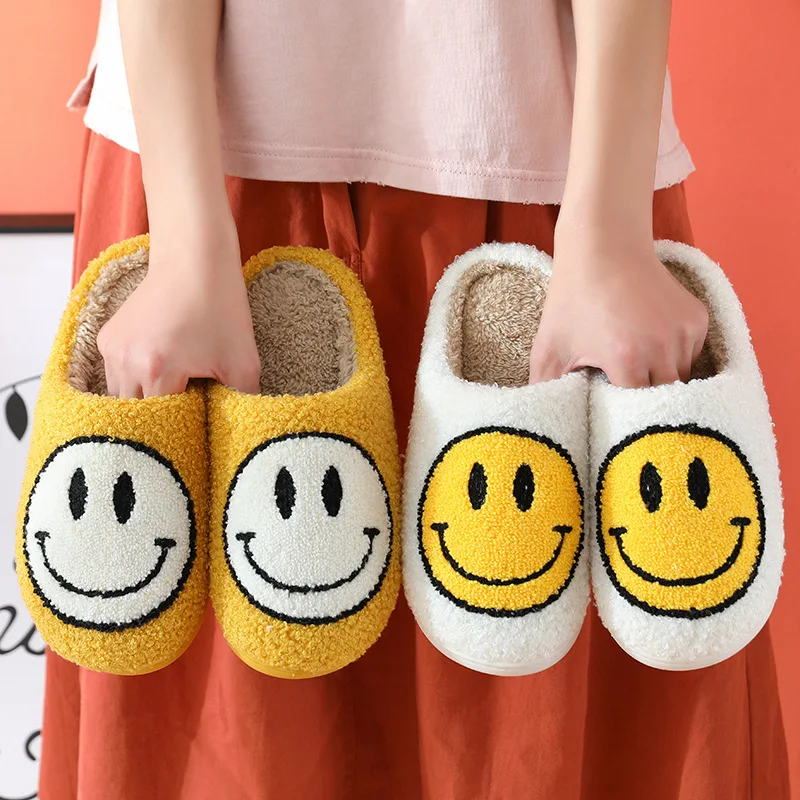 Smiley Face Autumn and Winter Wool Cotton Slippers Home Thick Bottom Cartoon Anti slip Indoor