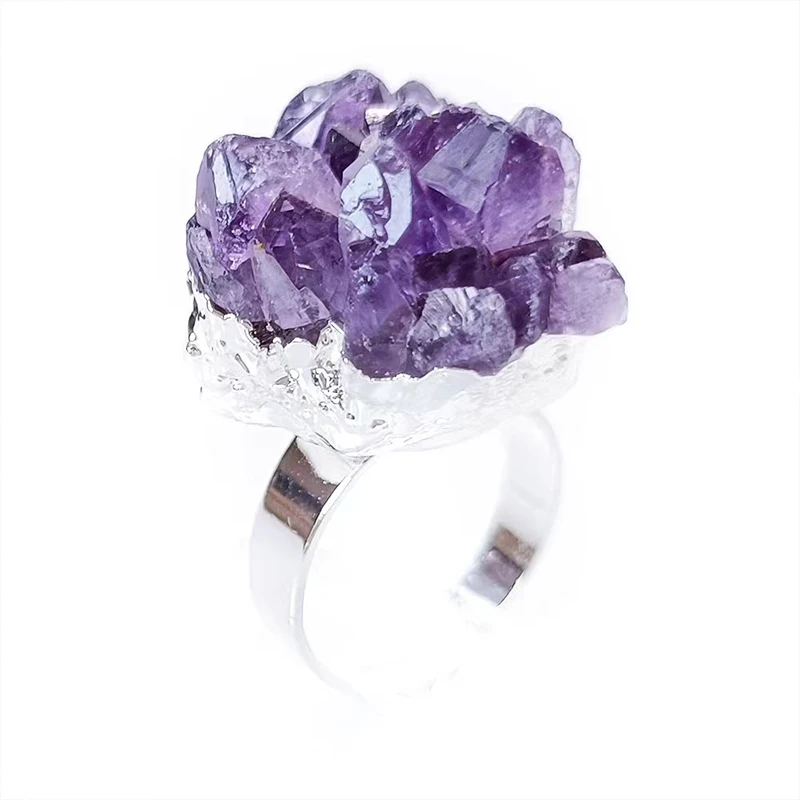 Natural Gemstone Druzy Quartz Purple Crystal Golden Silver Bezel-set Amethyst Cluster Ring For Women