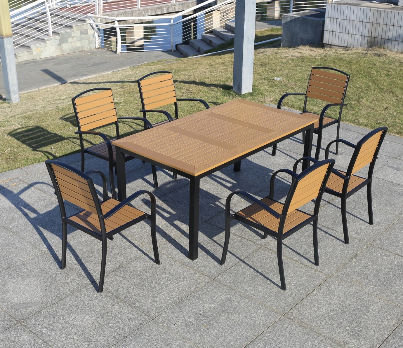 AWT003L China wholesale outdoor furniture plastic wood 160cm long table  with 4 or 6 people for garden patio villa courtyard