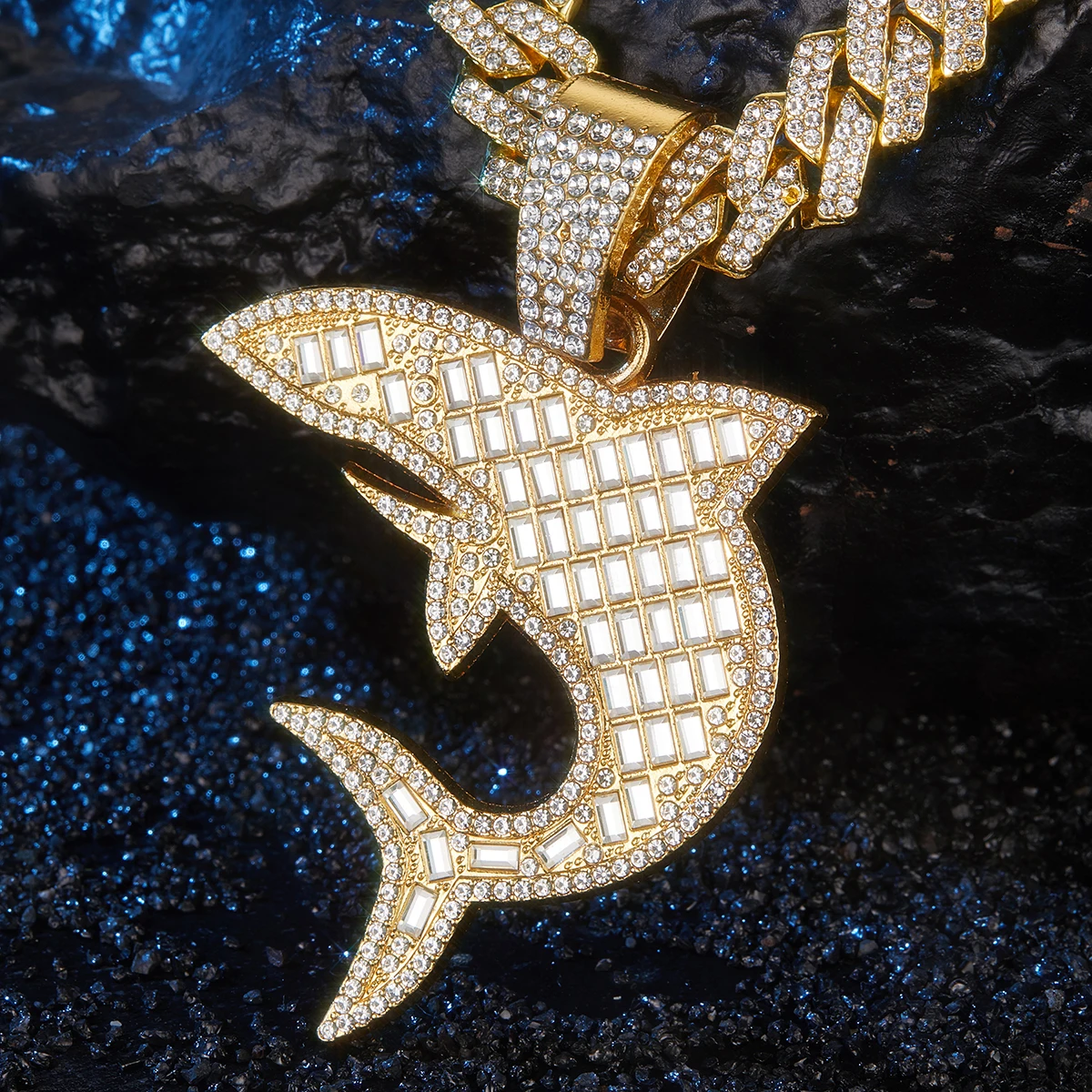 Hip Hop Shark Pendant with Cuban Chain Width 13MM Length 19.7in for Men/Women Ice Out Chain Holidays Halloween Christmas Gifts