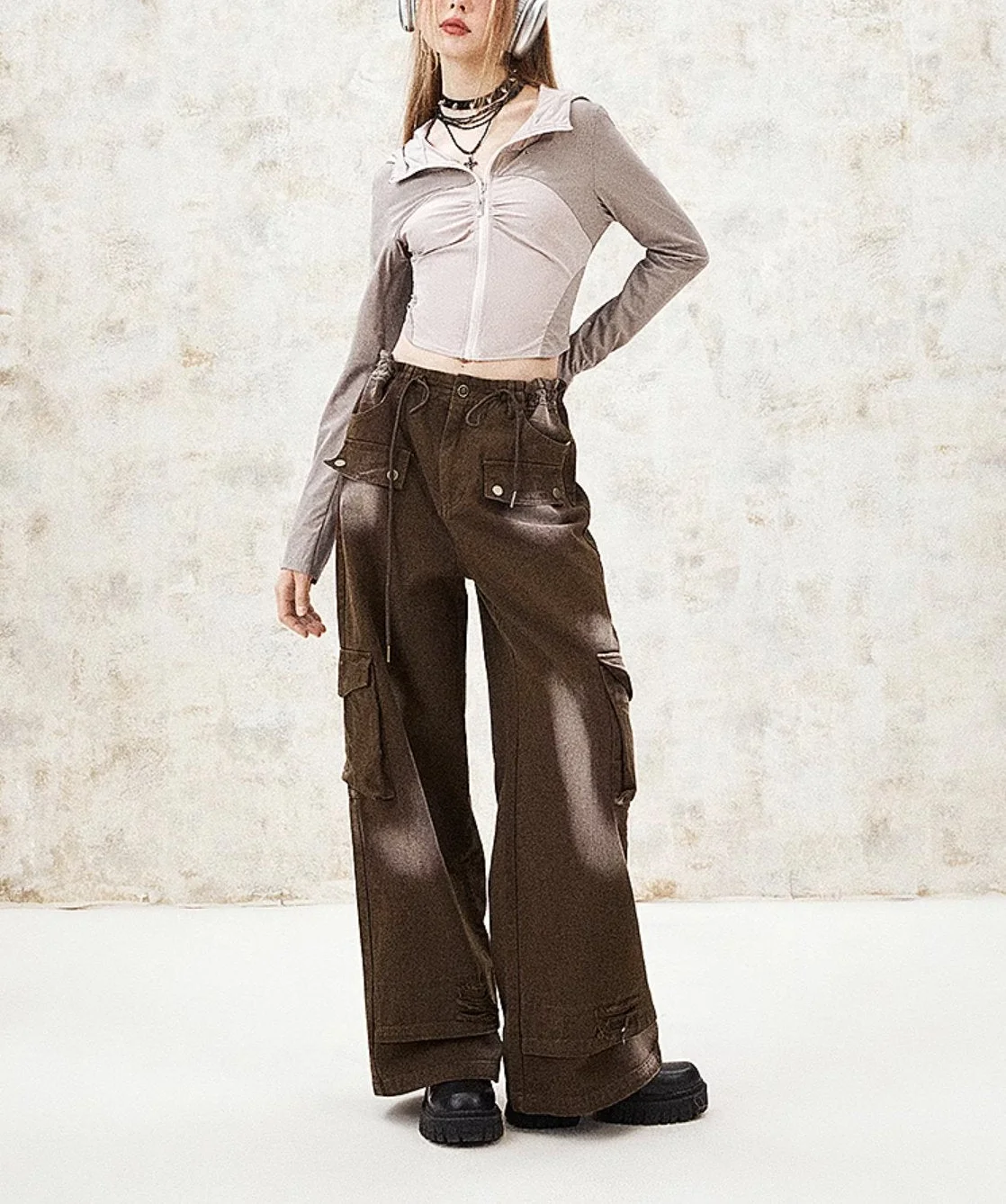 Washed Baggy Loose Trousers Washed New Y2K Women High Waist Multi Jeans Buggy Pockets Cargo Pants Punk Style Faux Jeans
