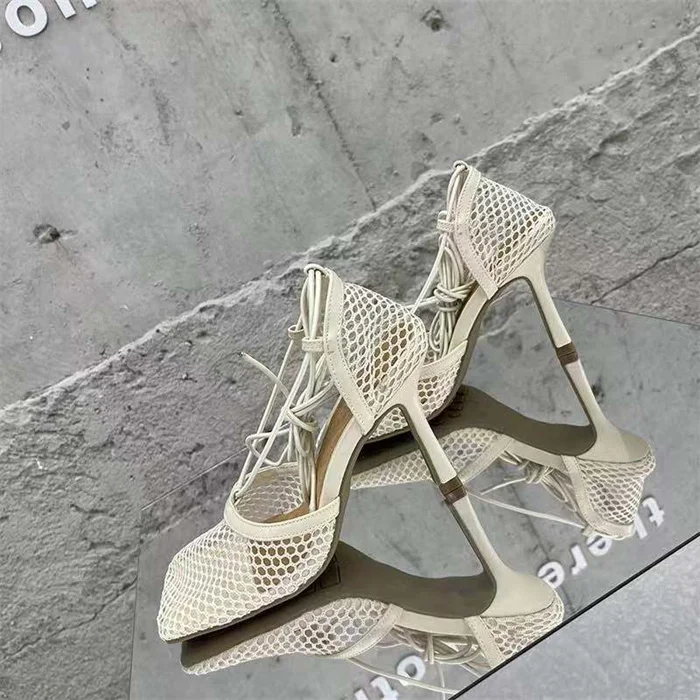 Designer  hight heel for lady square toe lace up heels black mesh sandals rope low heel slipper for women summer