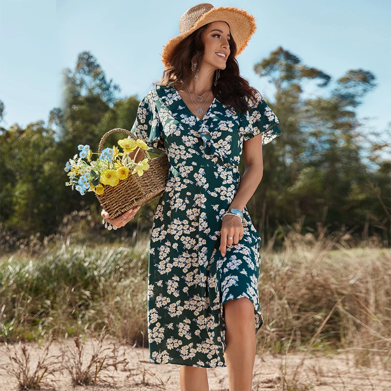 Casual Long Dresses Women Dark Green Elegant V Neck Short Sleeves Midi Skirt Floral Print Chiffon Polyester Lady Dress