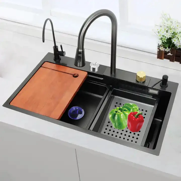 Complete Whole Set Waterfall Kitchen Sink Stainless Steel Sinks Big Single Bowl with Dish Rack Under Mount Sinks