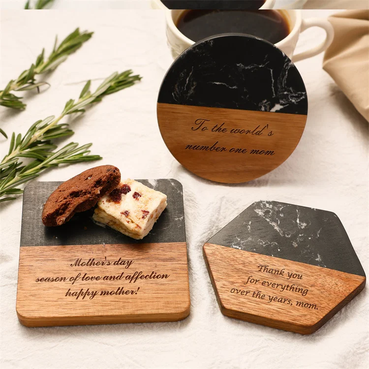 Wholesale Personalized Black Marble Coasters Custom Square Shape Marble and Wood Coasters Decoration Engraved Coffee Cup Coaster