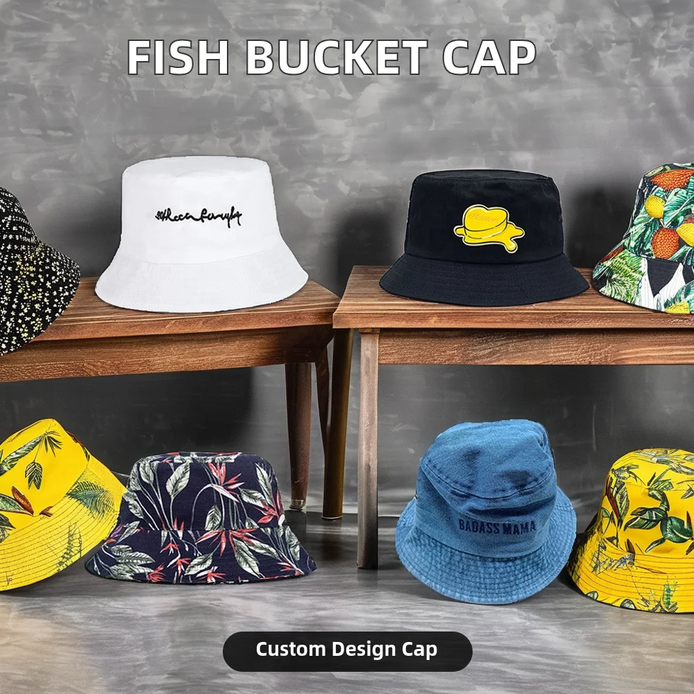 Private Label Designer Unisex Cotton Bucket Cap Custom Logo Fisherman Print Reversible Daily Cycling Party Use Adult Kid Fish