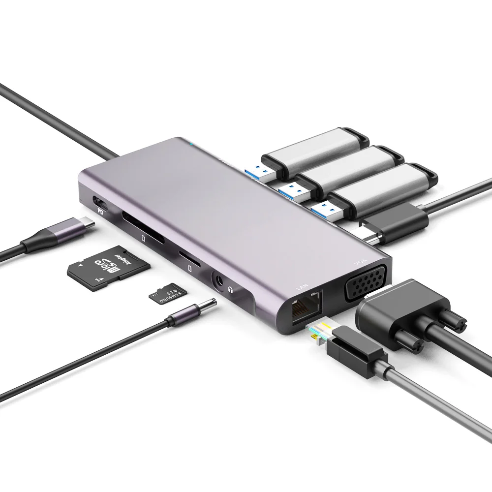 Aluminum Alloy 9 Ports USB C Hub Docking Station with USB 3.0+VGA+PD+LAN+SD/TF Slot+ for Laptop Macbook