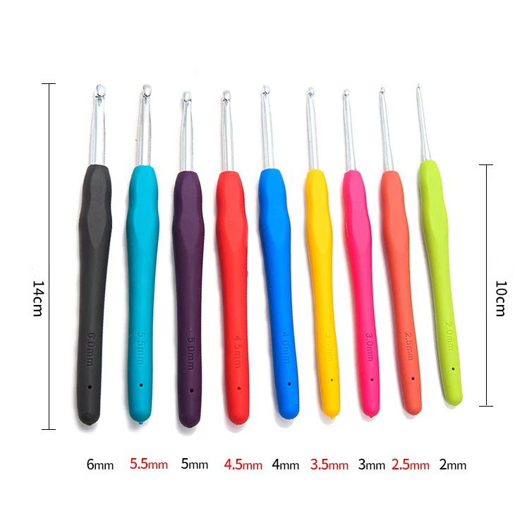 9 pcs /set TPR Soft Handle Aluminum Crochet 2mm to 6mm Rubber Handle Crochet Hooks Needles For Yarn Craft