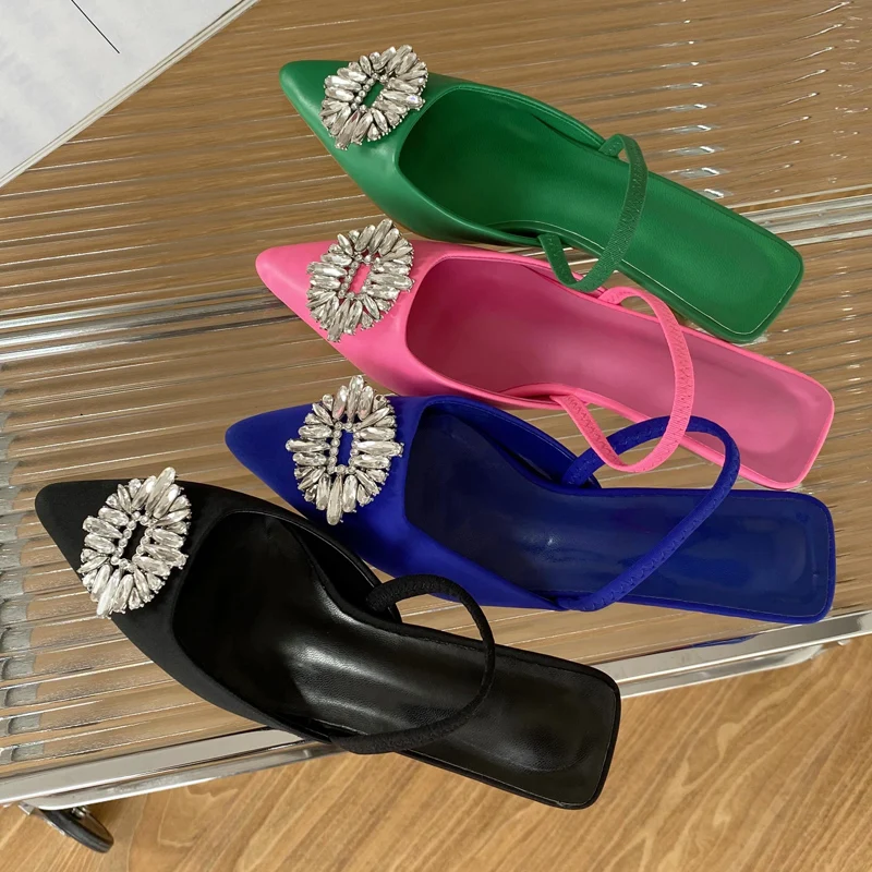 Eilyken Women Candy Colors Pointed Toe Mule Shoes Crystal Diamond Shallow Slip On Thin Low Heel Ladies Summer Pump Shoes