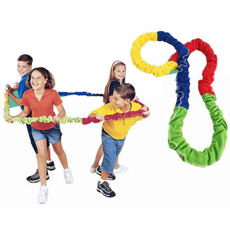 Wholesale kindergarten game  circle rainbow elastic rope  Lawn Games Outdoor Game Colorful Cloth Sleeve Stretch Rope Elastic