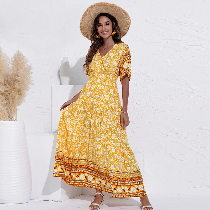 ATUENDO Summer Bohemian Soft Dress for Women Fashion Solid Green Maxi Silk Robe Casual Wedding Guest Vintage High Waist Dresses