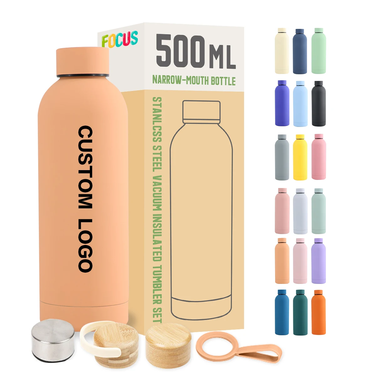 Custom Logo Light orange 500ml Drinking Bottle Double Wall Vacuum Stainless Steel Drink Flask Termo Insulated Sport Water Bottle