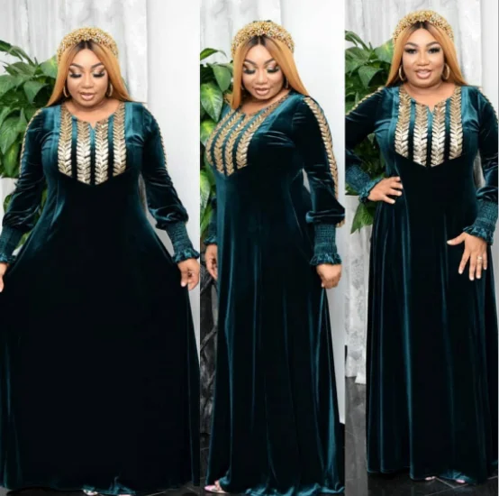 H & D New Style African Women National Costume Dress Gold Velvet Hot Diamond Bubble Bead Fashion Stretch Gown Dresses