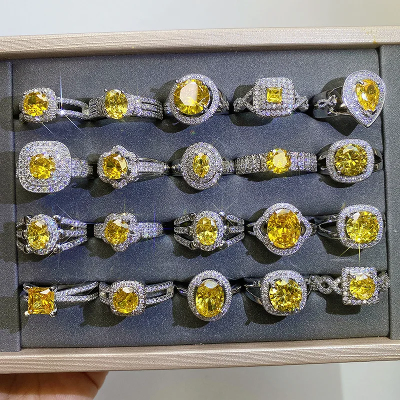 Luxury Fashion Gold Plated Colorful Gemstone round square Ring Statement Micro Inlaid Zircon CZ diamond Engagement Ring Jewelry