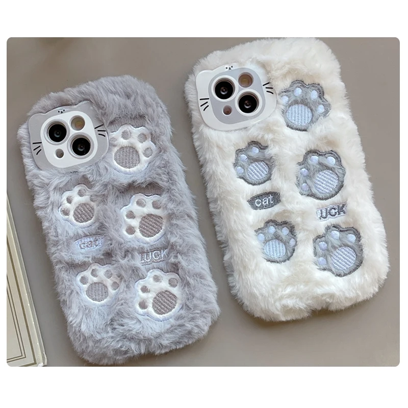 Blue Luxury Cases Shockproof 3D Furry Clouds Soft Plush Warm Winter  Shockproof New 2023 Fashion Cover Cute Cat Paw Designer