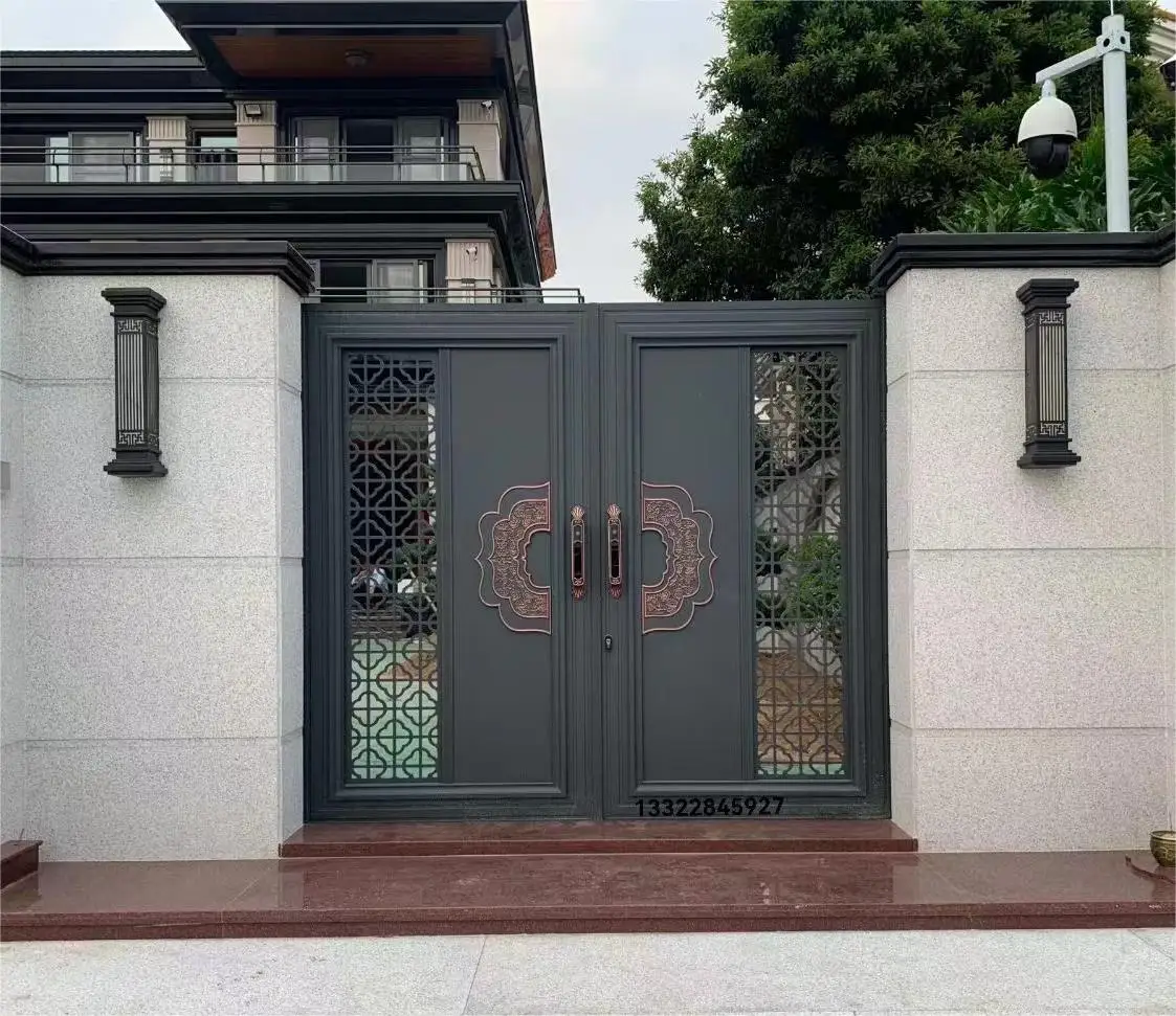 Exterior entrance metal aluminium alloy fence and gates design outdoor automatic aluminum profile slat double swing entry gate