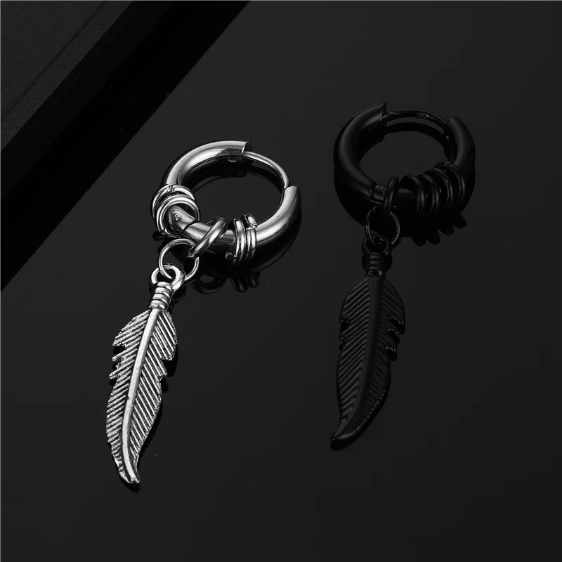 Punk Vintage Fashion Rock Style High Quality Stainless Steel Hip Hop Feather Stud Earrings For Men