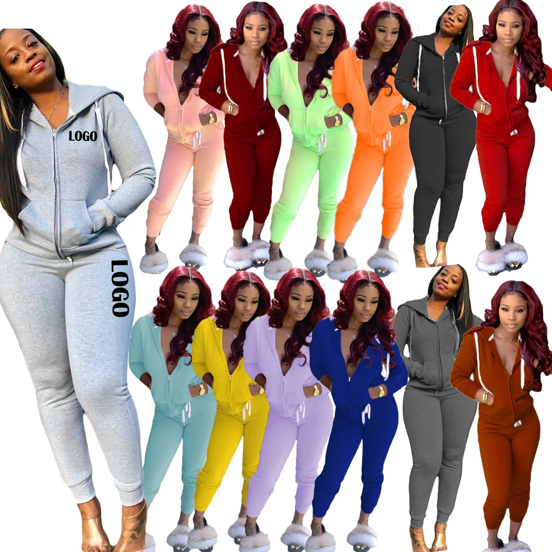 plus size Body Suit Outfit Custom Logo  long sleeves Jogging Suits Solid Two Piece Sets Women Clothing Hoodie Sport Sweat Suit