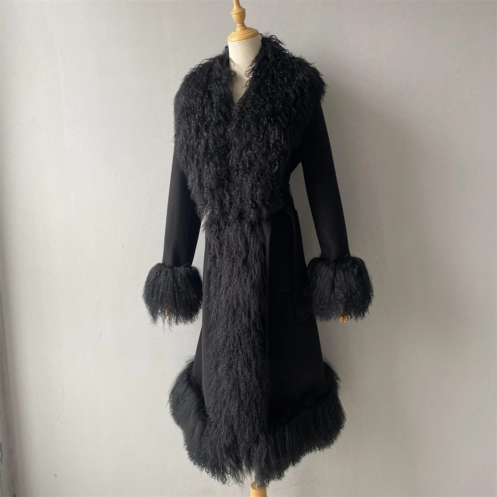 Wholesale Slim Trench Coat Long Style Luxury Real Mongolian Lamb Fur Collar Cuffs Winter Custom Logo Women Wool Solid Color Coat