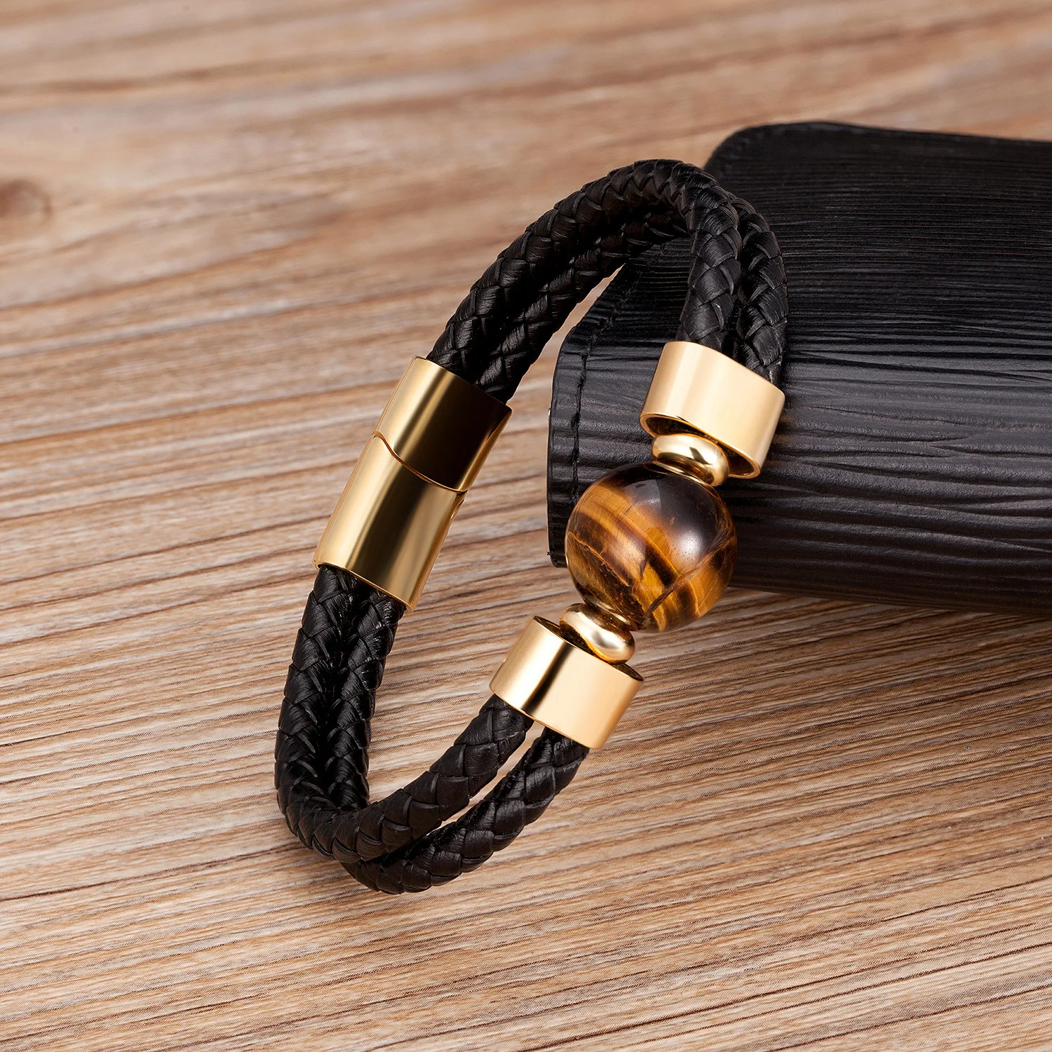 New Vintage Stainless Steel Leather Cord Braided Bracelet Trendy Metal Leather Cord Classic Stone Bracelet