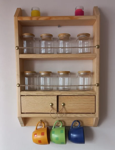 W63 Wooden Spice Rack Shelf with Drawer, Essential Oil Rack, Wooden Kitchen Organization
