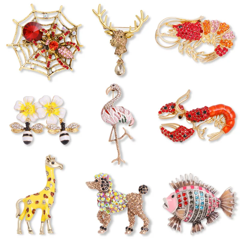 Luxury Rhinestone Flamingo Brooch Bee Giraffe Lobster Small Fish Puppy Spider Deer Head Pendant Brooch for Women