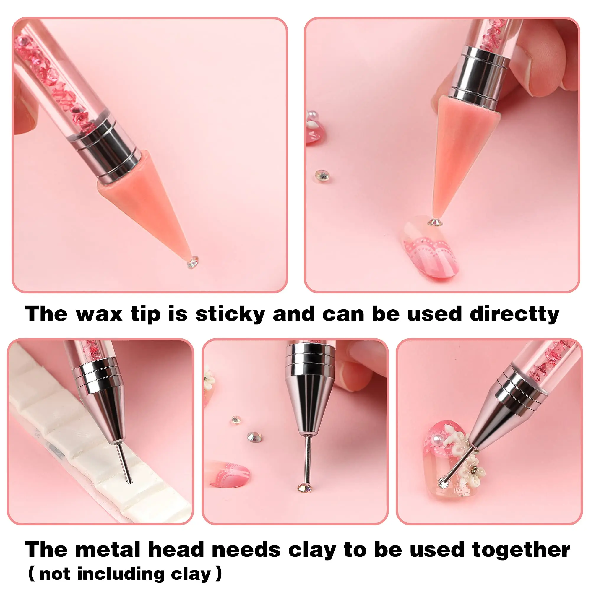 Acrylic Handled Rhinestone Applicator Double Ended DIY Manicure Tool with 4 Extra Wax Tips and 1 Tweezer
