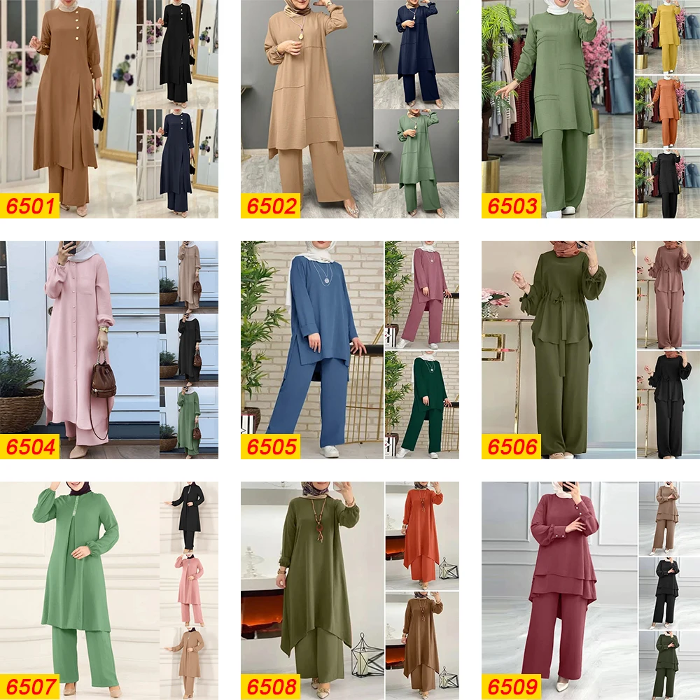 Islamic Clothing Plus Size Muslim Tunic And Pants 2pcs Set Arabic Middle East Solid Ramadan Long Sleeve Ladies Women Suit