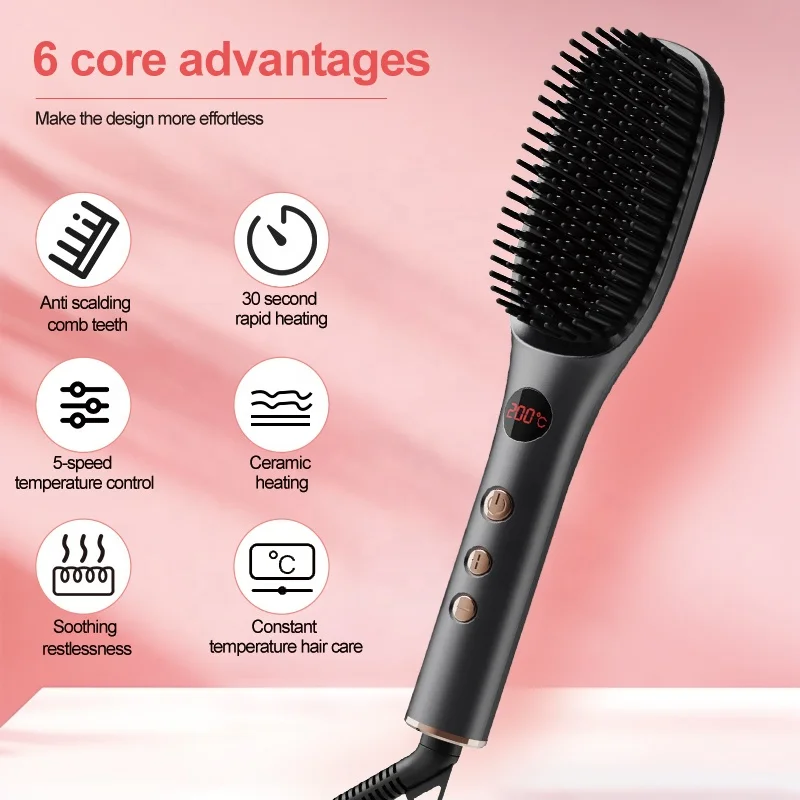 OEM Electric Negative Ion Electric Hair Straightening Brush 2 in 1 Hair Iron Brush LCD Display Ceramic Hair Straightener Comb