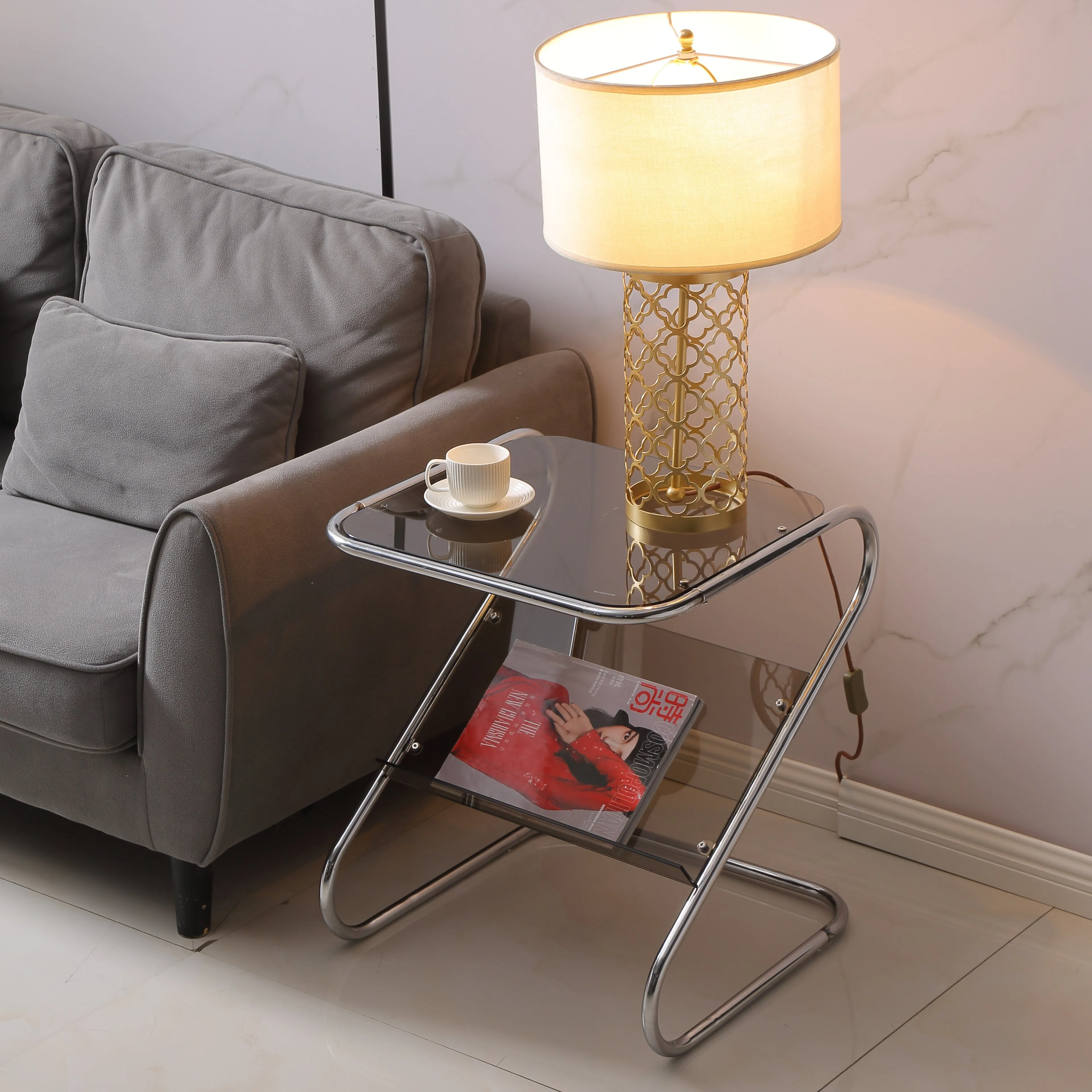 Hot Selling Small Home Furniture Indoor Side Table Glass Book Holder Rack Z Shape Metal Frame Coffee Table