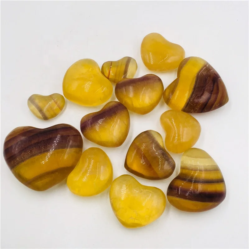 High Quality Natural Rock Rainbow Yellow Fluorite Hearts Quartz Crystal Stone