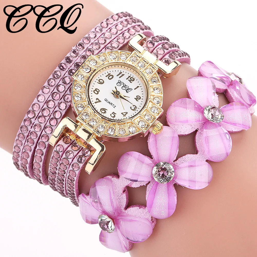 CCQ Brand Women Bracelet Watches Ladies Love Leather Strap Rhinestone Quartz Wrist Watch Fashion Quartz Flower Watch