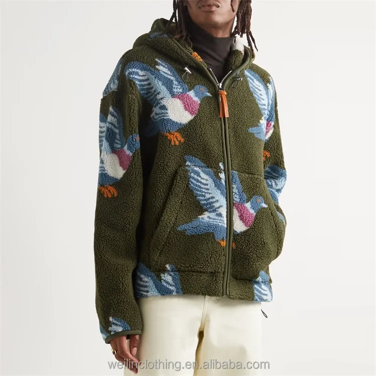 Custom full zipper up jacquard weave sherpa fleece hoodie for men