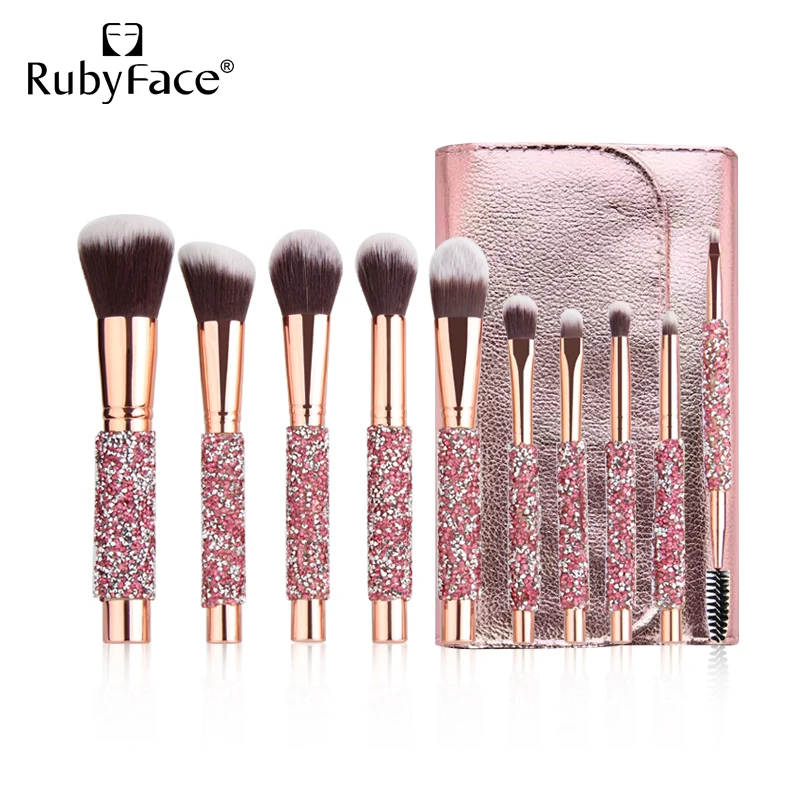 Wholesale stock RubyFace  paste pink diamond logo service  bling 10pcs  makeup Brush set